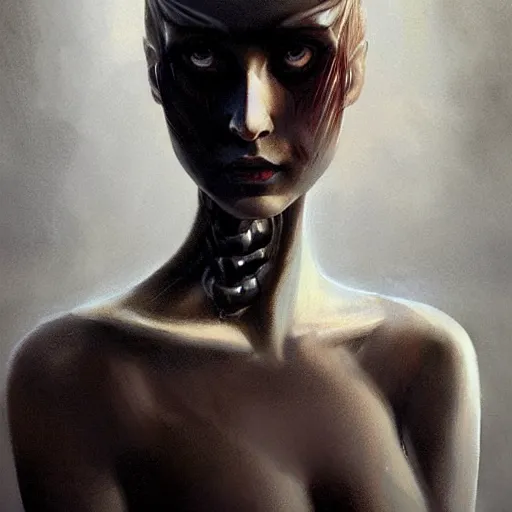 Image similar to surreal portrait of a woman by Greg Rutkowski and Artgerm, symmetrical face, she is about 30 years old, she is about 30 years old, pretty, blond hair with two strans around her face, slavic features, melancholic gaze, pretty aquiline nose, transformed into a kind of biomechanical transhuman goddes, uncany but fascinating, sad but determined look, cosmic void background, frightening, fascinating, highly detailed portrait, digital painting, book cover, artstation, concept art, smooth, sharp foccus ilustration, Artstation HQ