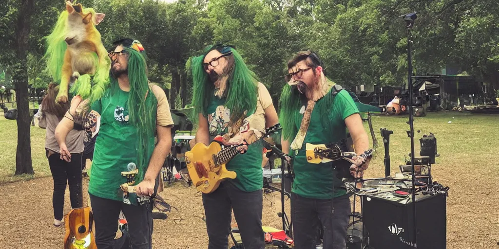 Prompt: a green-haired, funky, rustic, gentle metro dingo sound guy with a Salvador Dali moustache mixes a band in the park