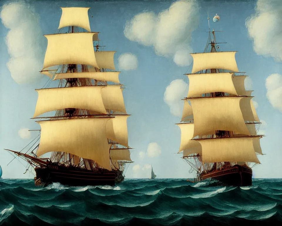 Image similar to an achingly beautiful print of the HMS Bounty sailing on stormy seas by Raphael, Hopper, and Rene Magritte. detailed, romantic, enchanting, trending on artstation.