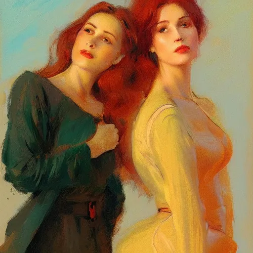 Image similar to two beautiful women in love, leaning in, vertical symmetry, warm colors, vintage shading, by Ilya Repin, artstation