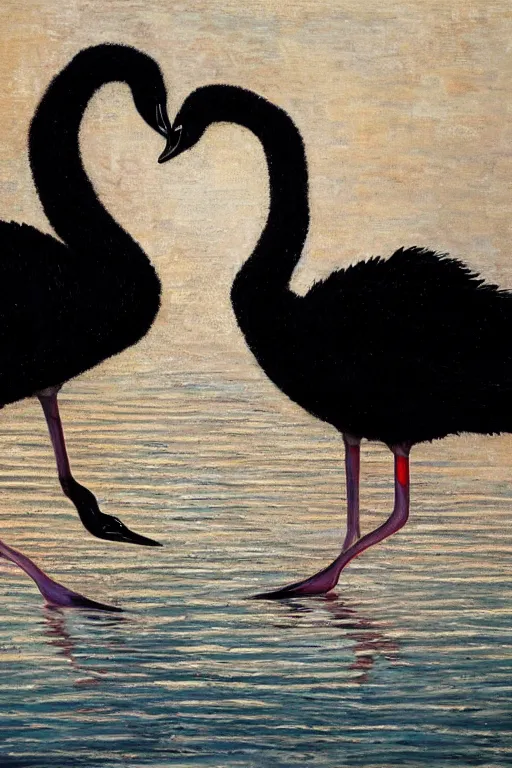 Image similar to !dream two black swans touching heads, forming a heart with their necks, oil on canvas, intricate, 8k highly professionally detailed, HDR, CGsociety