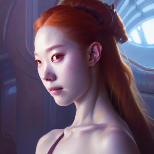 Image similar to portrait painting of a cyborg chuu from loona smiling, ultra realistic, concept art, intricate details, eerie, highly detailed, photorealistic, octane render, 8 k, unreal engine. art by artgerm and greg rutkowski and magali villeneuve and alphonse mucha