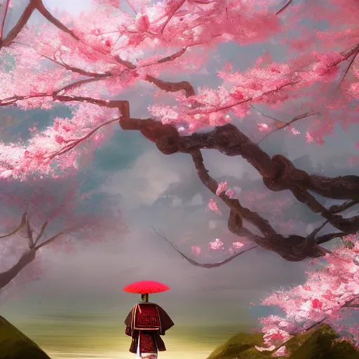 Image similar to samurai, cherry blossom, japanese temple, landscape, wide angle, digital art, irina french, heraldo ortega, mandy jurgens, golden ratio, art canvas, award winning, masterpiece trending on artstation 8 k 1 5 0 mpx