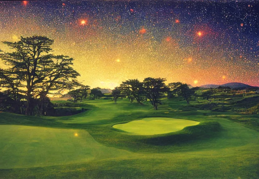Prompt: birds eye view of a perfect elysian dreamlike green hilly pastoral psychedelic golf course landscape with stone walls under cosmic stars, cherished trees, memory trapped in eternal time, golden hour, dark sky, evening starlight, eerie moonlight, stone walls, haunted vintage psychedelic polaroid by hiroshi yoshida