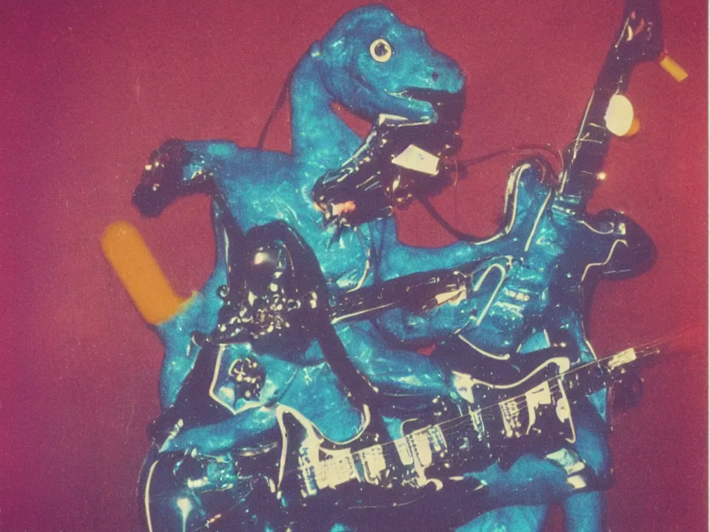 Image similar to 1980s polaroid colour flash photograph of a creature made of electric guitars