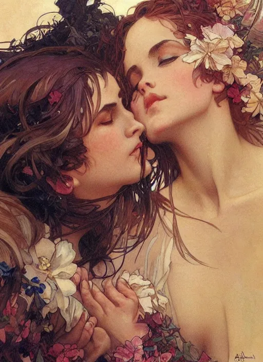 Prompt: a kiss. close up on highly detailed faces. painting by artgerm and greg rutkowski and alphonse mucha.