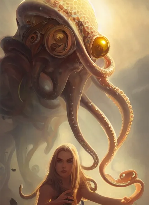 Image similar to holy cephalopod a single large knowing eye with long powerful tentacles and angelic qualities, highly detailed, digital painting, artstation, concept art, matte, sharp focus, illustration, dramatic, sunset,hearthstone, art by Artgerm and Greg Rutkowski and Alphonse Mucha