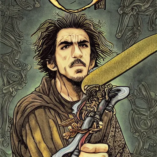 Image similar to 22 year old Frank Zappa golden Vagabond magic swordsman glides through a beautiful battlefield magic the gathering dramatic esoteric!!!!!! pen and ink!!!!! illustrated in high detail!!!!!!!! by Hiroya Oku!!!!! Written by Wes Anderson graphic novel published on shonen jump 2002 award winning!!!!