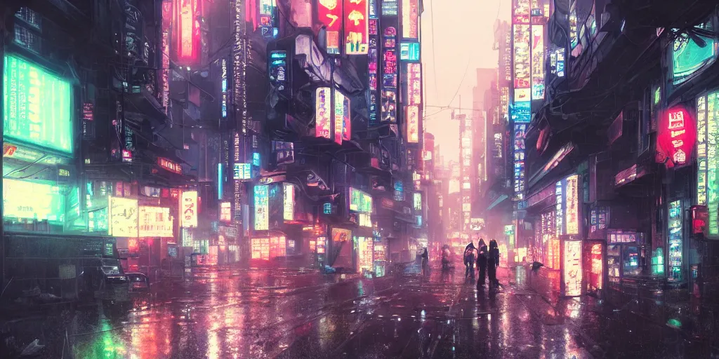 Prompt: Scene of a japanese cyberpunk city in the rain during midnight, neon glow, 4k, cozy wallpaper, trending on Artstation, award-winning, art by Greg Rutkowski