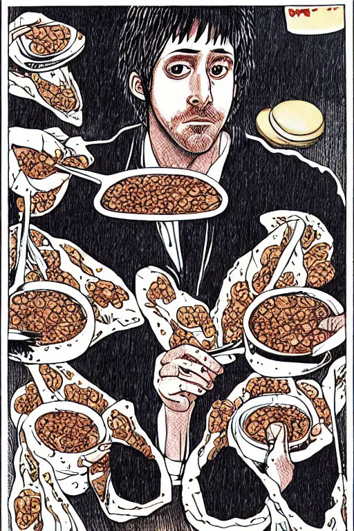 Image similar to junji ito illustration of ryan gosling eating cereal