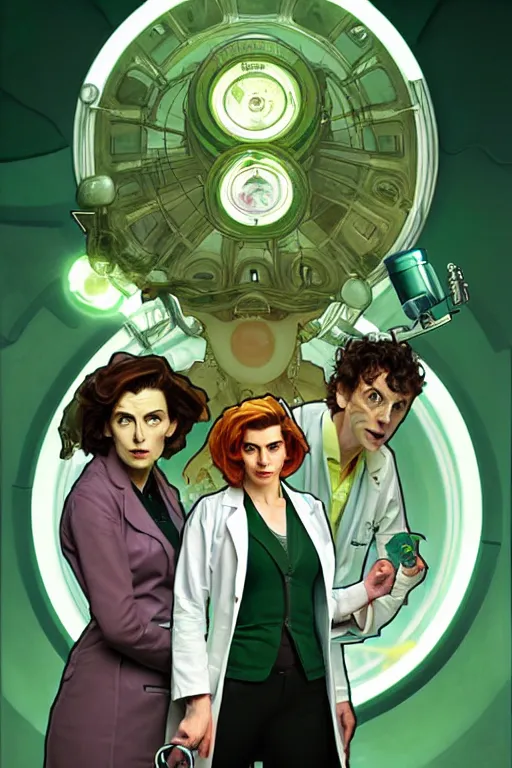 Image similar to doctor who, woman, as a mad dentist, on a plain green background, art by artgerm and greg rutkowski and alphonse mucha