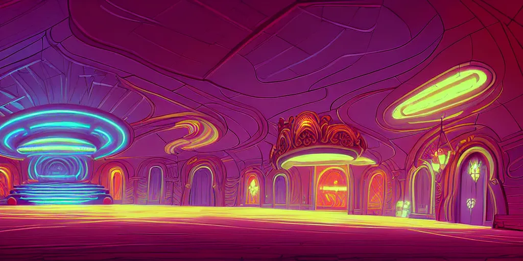 Prompt: curled perspective digital art of curly indoor curly casino with a stage pale colors by anton fadeev from nightmare before christmas
