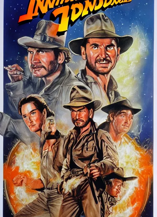 Image similar to science fiction 1 9 8 6 poster for indiana jones and the ghostbusters. oil on canvas. print.