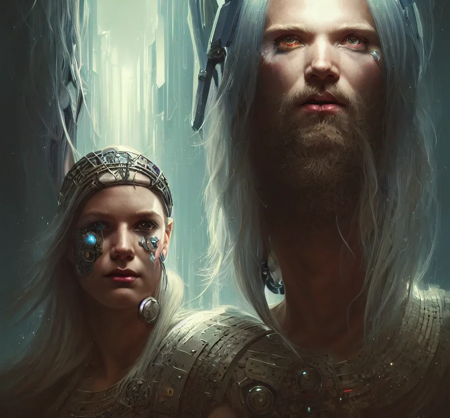 Image similar to cyberpunk viking with white hai, face, sci - fi, metal skin, constellation geometry,, forest background, elegant, highly detailed, digital painting, artstation, concept art, smooth, sharp focus, spiritual art, art by artgerm and greg rutkowski and alphonse mucha, psychedelic, illustration,