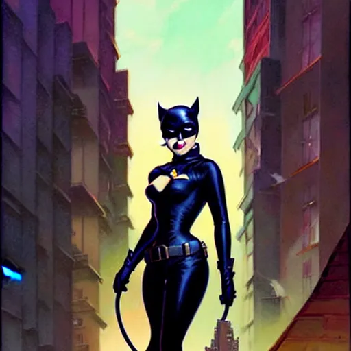 Prompt: phil noto, peter mohrbacher, thomas kinkade, artgerm, 1 9 5 0 s catwoman dc comics, symmetrical eyes, city rooftop