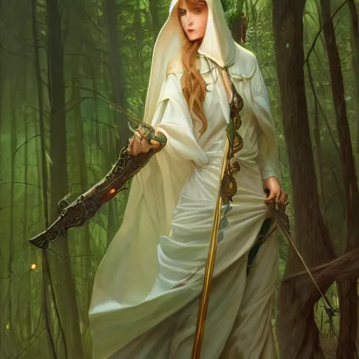 Image similar to beautiful natural cottagecore archer elf hooded longbow verdant lush, intricate, elegant, highly detailed, digital painting, artstation, concept art, smooth, sharp focus, illustration, art by artgerm and greg rutkowski and alphonse mucha and loish and wlop