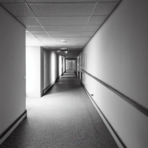 Prompt: photograph of empty hallway, sigma 3 0 mm, f / 2. 8, 8 k, high detail, decorative walls, open door on left letting light through.