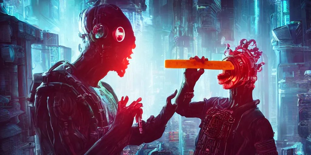 Image similar to a cyberpunk chtulhu creature enjoying a popsicle, closeup, fallout 5, studio lighting, deep colors, apocalyptic setting, vertically mirrored city in background