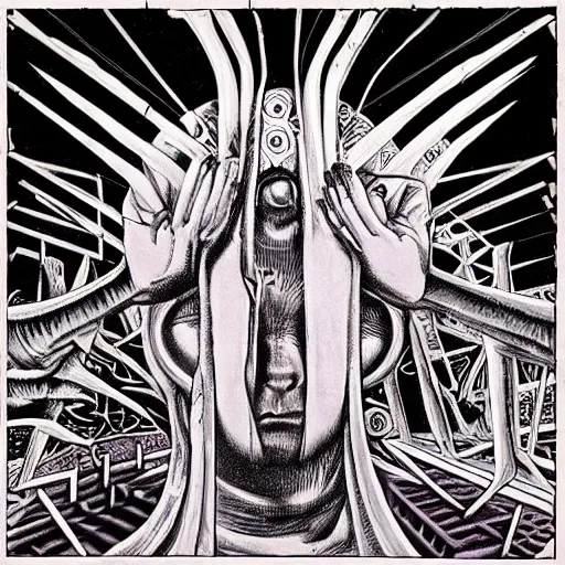 Image similar to post - punk new age album cover, magic, apocalypse, psychonaut, psychedelic, black white pink, magic, giger h. r.