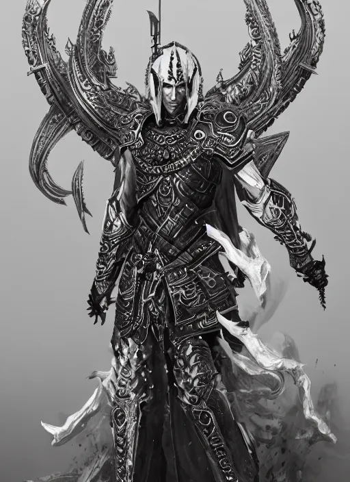 Prompt: high intricate male warrior with white baroque armor and black garment, demon lord, ancient forest, maria panfilova, andrea savchenko, mike kime, ludovic plouffe, qi sheng luo, oliver cook, trending on artstation