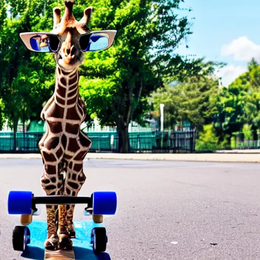 Prompt: a giraffe wearing sunglasses and riding a skateboard, parkour