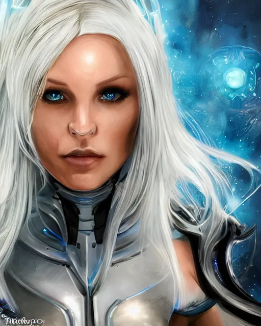 Image similar to perfect aidrafox with white hair, warframe armor, beautiful, dreamy, pretty face, blue eyes, portrait, bright light, scifi, utopian architecture in the background, laboratory, ultra realistic, intricate, glow, cinematic, extreme details, focused, masterpiece, art by seunghee lee, blair armitage