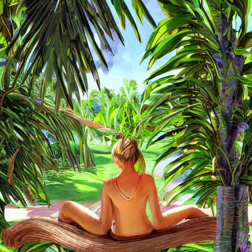 Prompt: person relaxing under the shade of a banana tree, digital art, hyper detailed