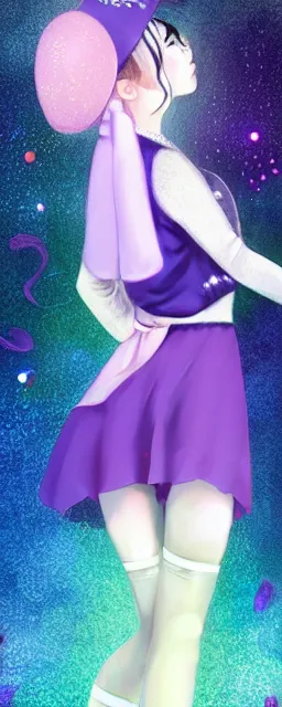 Image similar to Full View of a mysterious kpop fairy maidens with short blond hair wearing an oversized purple Beret, Baggy Purple overall shorts, Short Puffy pants made of silk, silk shoes, a big billowy scarf, Golden Ribbons, white leggings Covered in stars. Short Hair. peasant magic. masterpiece 4k digital illustration by Ruan Jia and Mandy Jurgens and Artgerm and william-adolphe bouguereau, award winning, Artstation, art nouveau aesthetic, Alphonse Mucha background, intricate details, realistic, panoramic view, Hyperdetailed, 8k resolution, intricate art nouveau, smooth, sharp focus