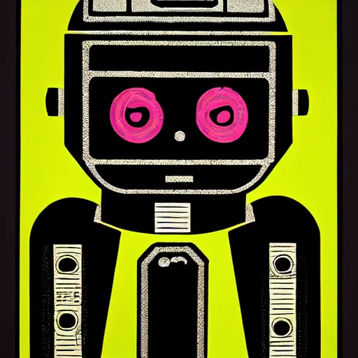 Image similar to portrait of the robot of the film metropolis, litography by andy warhol