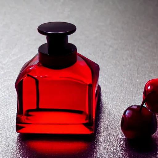 Image similar to perfume bottle and artistic dark red cherries, softly - lit, realistic, up close shot, white background, zen, light, modern minimalist f 2 0