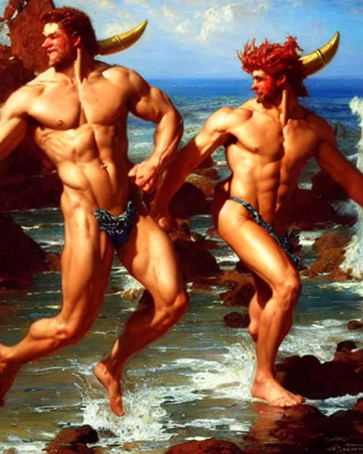 Image similar to muscular god neptune and muscular poseidon frolicking on the shore, painting by gaston bussiere, craig mullins, j. c. leyendecker,