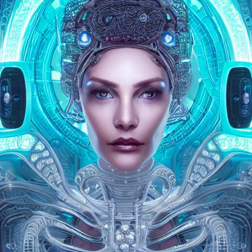 Image similar to woman integrating with technology, full face, insipiring, detailed intricate ornate cables connected to head, big open electric eyes, luxurious detailed abundent wiring and implants, diamonds, sci-fi, neon, emeralds, detailed technology full background, highly detailed, artstation, Rene Lalique and Eddie Mendoza