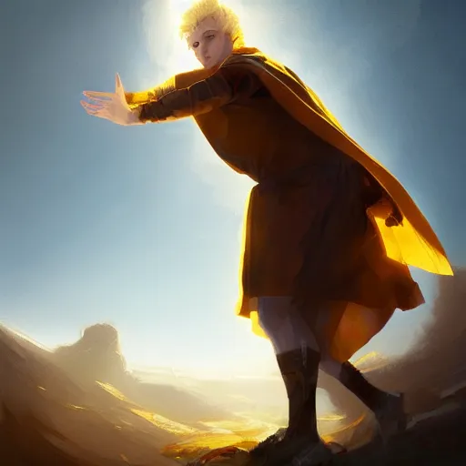 Image similar to blonde boy with golden eyes wearing a brown cape and flying in t pose, energy background, brush strokes, greg rutkowski