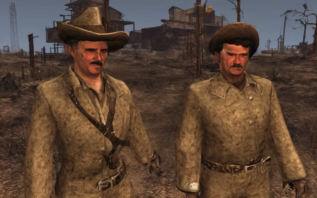 Image similar to young Lech Wałęsa as a cowboy npc character in fallout new vegas,