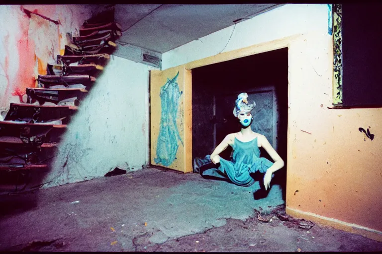 Image similar to 35mm color lomography, last photo, portrait, fashion shoot, weird, random, strange, spooky, interesting, basement