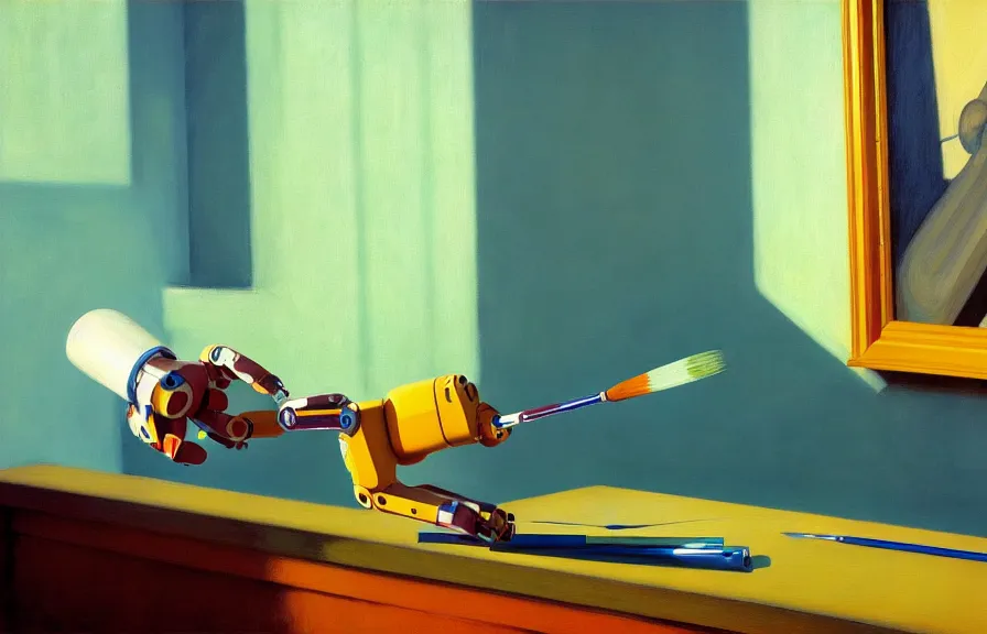 Image similar to beautiful illustration of an artist robotic arm holding a paintbrush and painting on a canvas by Edward Hopper, clean lines, very detailed, colorful octane render