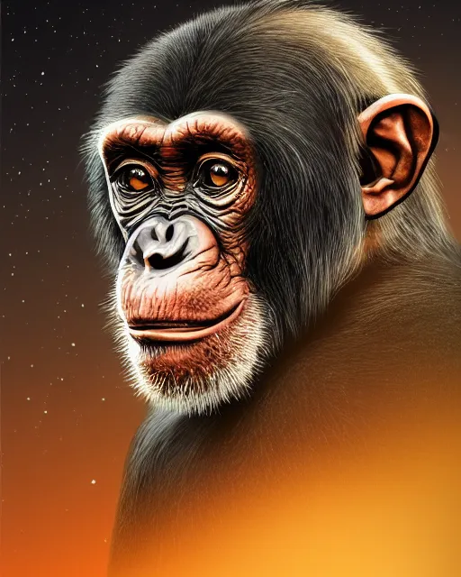 Prompt: very detailed high resolution illustration portrait of a chimpanzee wearing armor, backlit, stars, night, surrounded, 3 d, 8 k, extremely detailed, artstation, award winning