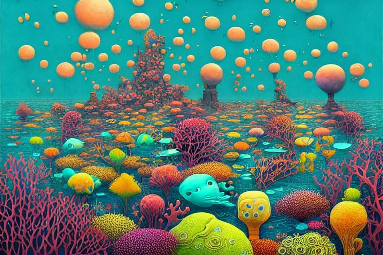 Image similar to surreal glimpse into other universe, new york under the sea, summer morning, very coherent and colorful high contrast, art by!!!! gediminas pranckevicius!!!!, geof darrow, floralpunk screen printing woodblock, dark shadows, hard lighting, stipple brush technique,