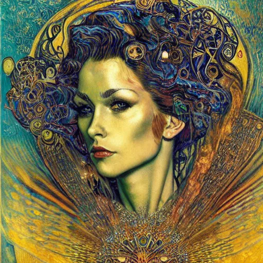 Prompt: Divine Chaos Engine by Karol Bak, Jean Deville, Gustav Klimt, and Vincent Van Gogh, beautiful visionary face portrait, sacred geometry, mystic eyes, otherworldly, fractal structures, ornate gilded medieval icon, third eye, spirals