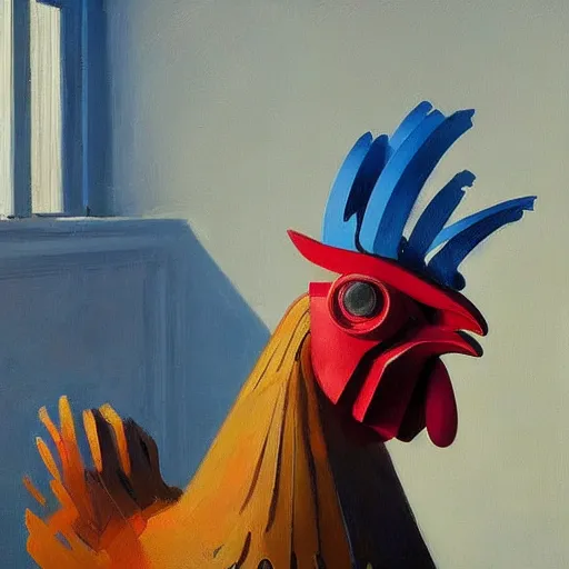 Image similar to a portrait of a robotic rooster wearing a hoodie, a highly detailed edward hopper painting, by adrian ghenie and gerhard richter. art by james gurney. masterpiece, flat surreal design with deep colours. 8 k. artstation