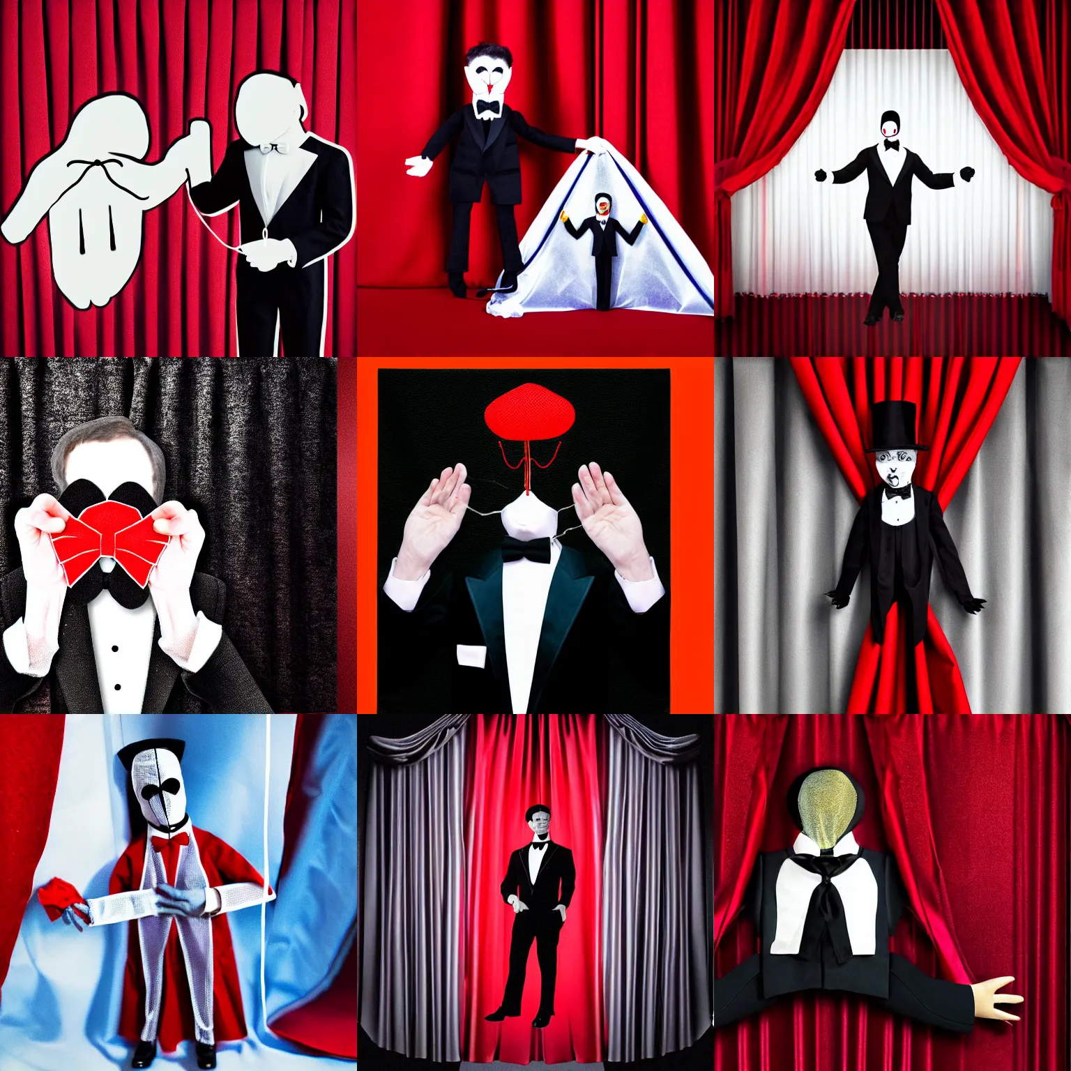 Prompt: puppet master in tuxedo holding a hand string, behind red curtains, an album cover by Apelles, featured on dribble, behance, holography, neoplasticism, holographic, cosmic horror, skeuomorphic, parallax