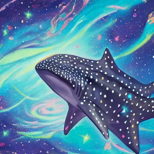Image similar to gouache painting of a whale shark flying through a swirling, luminous nebula, elegant, ultra detailed