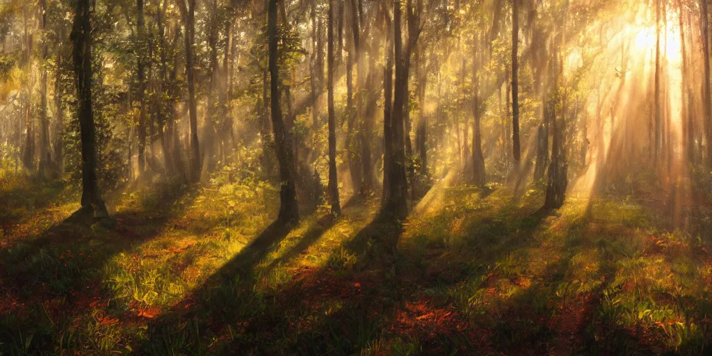 Prompt: An oil painting of an intensely beautiful forest in the morning; rays of light coming through the canopy; trending on artstation