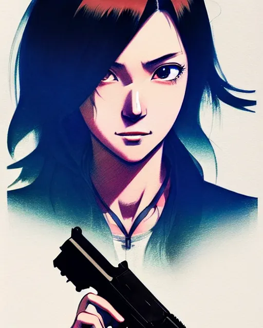 Image similar to girl holding a pistol | | very very anime!!!, fine - face, audrey plaza, realistic shaded perfect face, fine details. anime. realistic shaded lighting poster by ilya kuvshinov katsuhiro otomo ghost - in - the - shell, magali villeneuve, artgerm, jeremy lipkin and michael garmash and rob rey