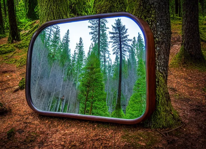 Image similar to photo of a crystal mirror that is a portal to another magical world. Forest in the background. Fantasy magic style. Highly detailed 8k. Intricate. Nikon d850 55mm. Award winning photography.