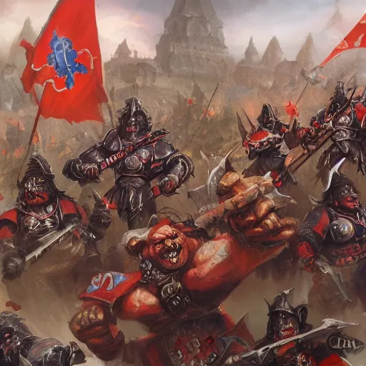 Prompt: Orcs from Warhammer Fantasy with USSR flags are charging by Greg Rutkowski