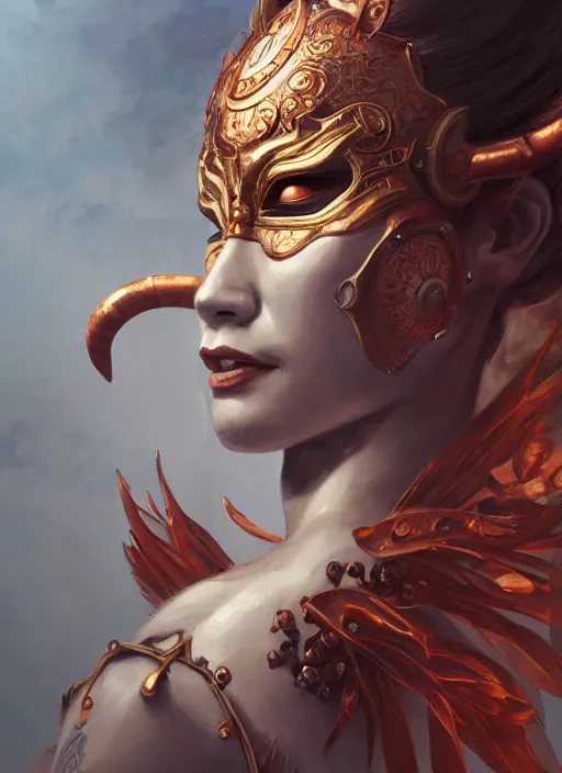 Image similar to a beautiful detailed oil on copper art illustration of a japanese basara mask devil woman, centered, by charlie bowater, zeng fanzh, trending on artstation, dim dusk lighting, cinematic lighting, detailed lighting, volumetric lighting, realistic, f 8, 4 k hd wallpaper