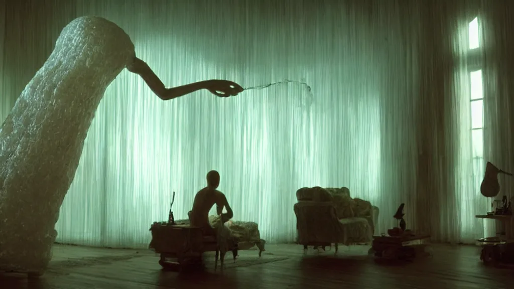 Image similar to a giant hand made of wax and water floats through the living room, film still from the movie directed by Denis Villeneuve with art direction by Salvador Dalí, wide lens