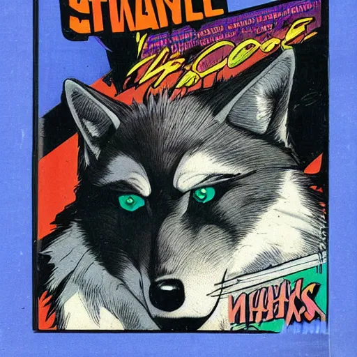 Image similar to 1 9 8 0 s comic book cover scan featuring a portrait of villain male wolf o'donnell anthropomorphic wolf furry fursona from starfox wearing a dark space mercenary uniform, dark grey wolf, handsome eyes, wolf o'donnell