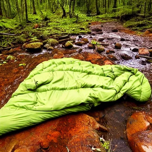 Prompt: a sleeping bag by a small creek in a forest, rain